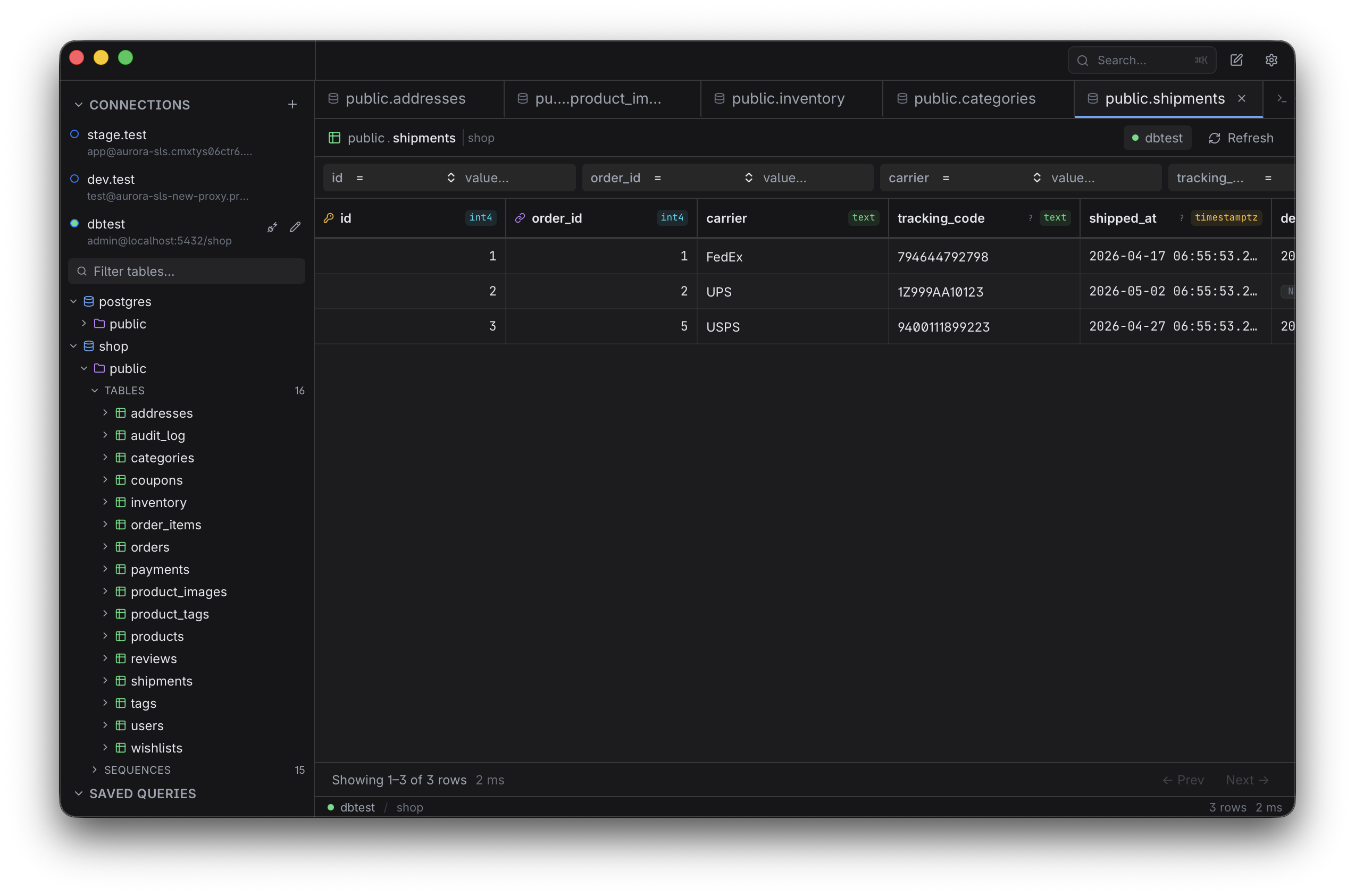 Esploro main window showing a SQL query result set